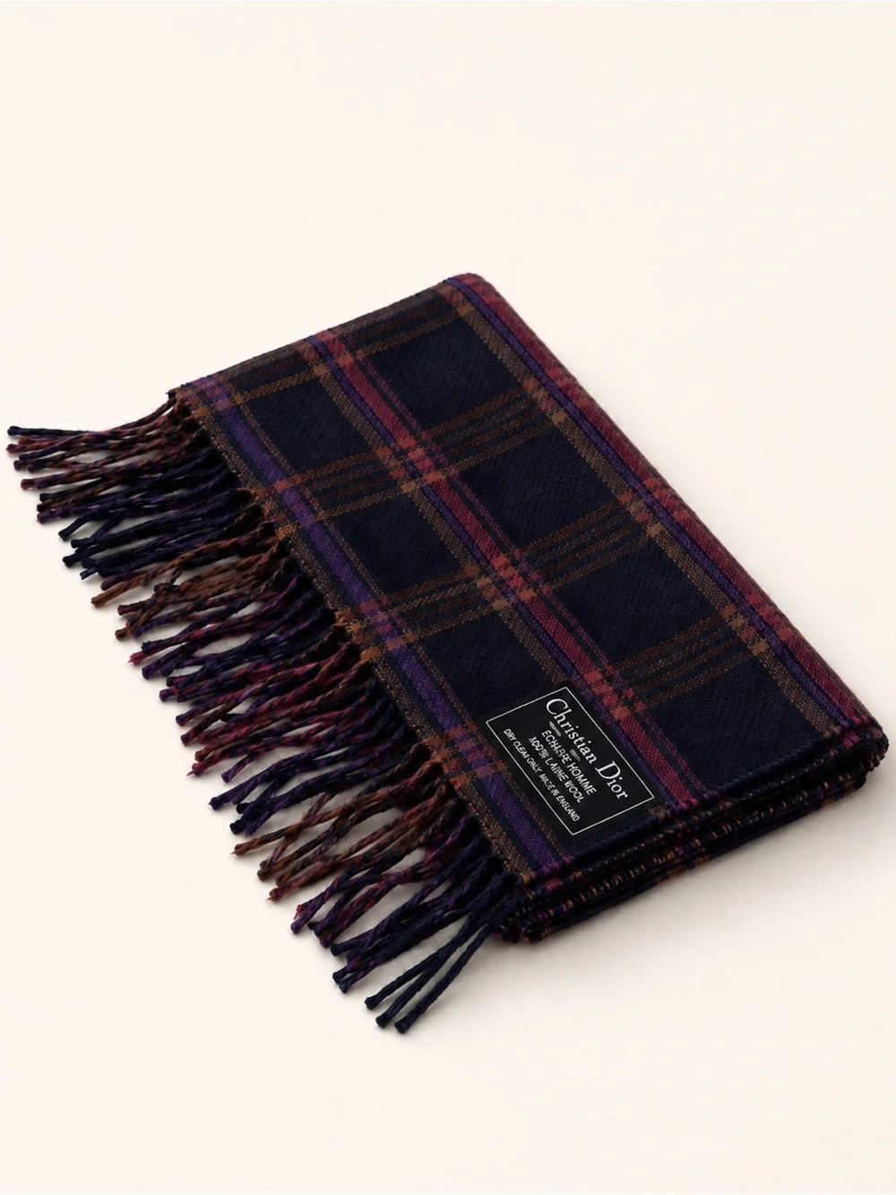 Dior Plaid Wool Scarf in Navy with Pink & Orange Stripes
